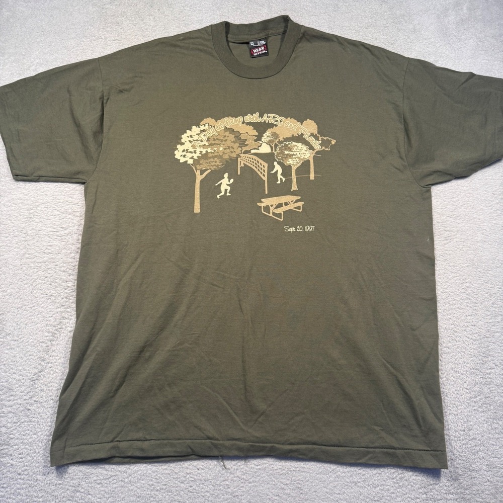 Vintage 90s Fruit of the Loom XXL Green Tee A Day at Camp Single Stitch USA Made